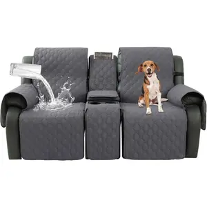 Loveseat Recliner Cover with Center Console,   Pet Cover for Dual Recliner with Straps Design, Split Reclining Loveseat Covers Furniture Pet& Protector (Grey)