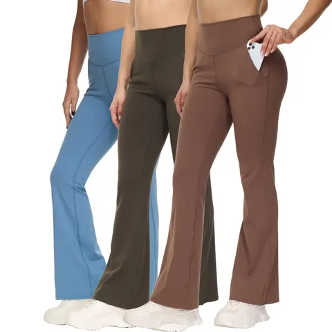 3-Pack Women's High-Waisted  Flare Leggings Wide Leg Yoga Pants Work Dress Cute Casual Gym Athletic Workout Sweatpants with Pockets