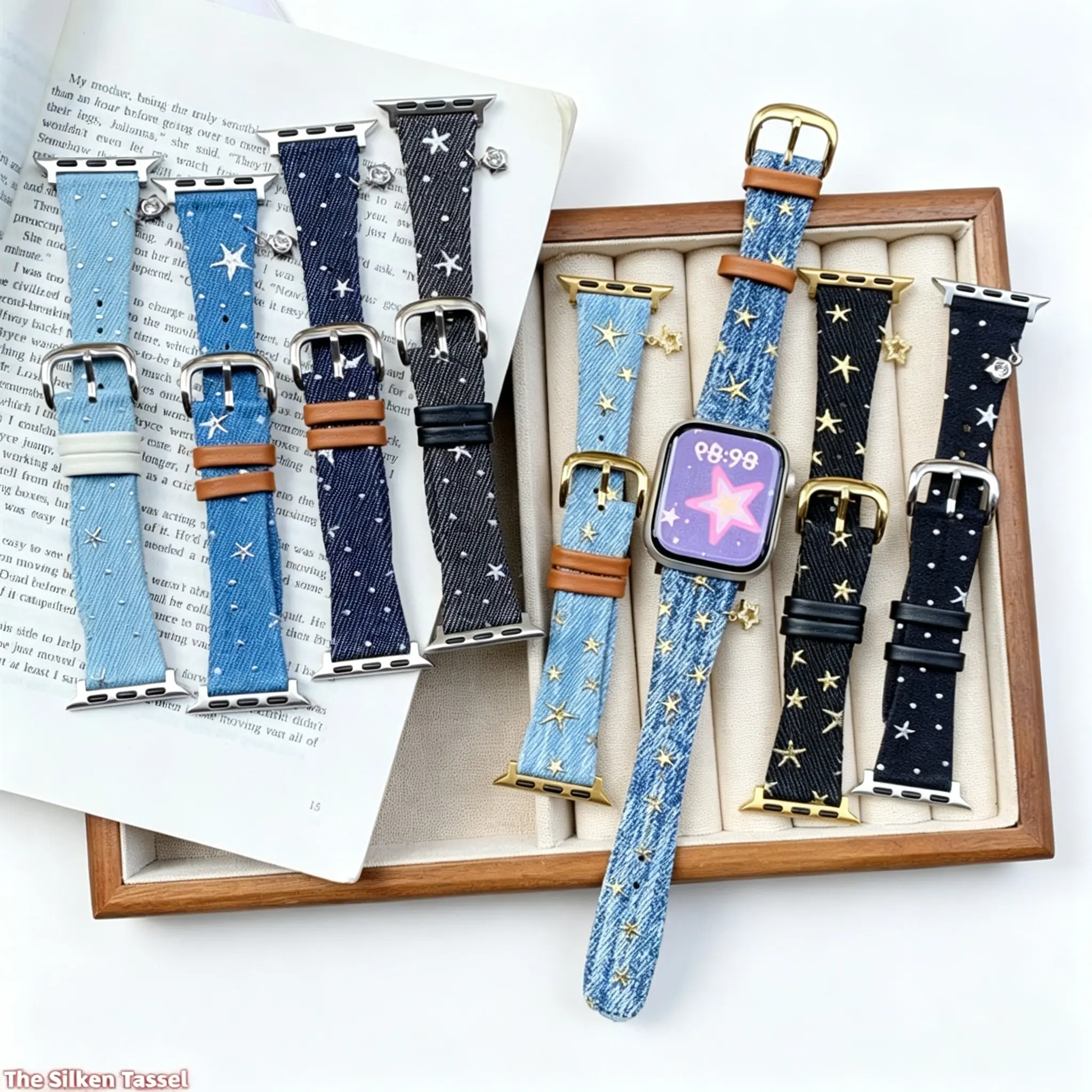 Star Satin Slim Apple Watch Strap with Saturn Pendant - Elegant DIY Bag Accessory, Wearable Accessories Compatible with Apple Watch S9 S10 S11 & SE for Autumn-Winter Daily Outfits (Strap Only) tiktokshopbacktoschool
