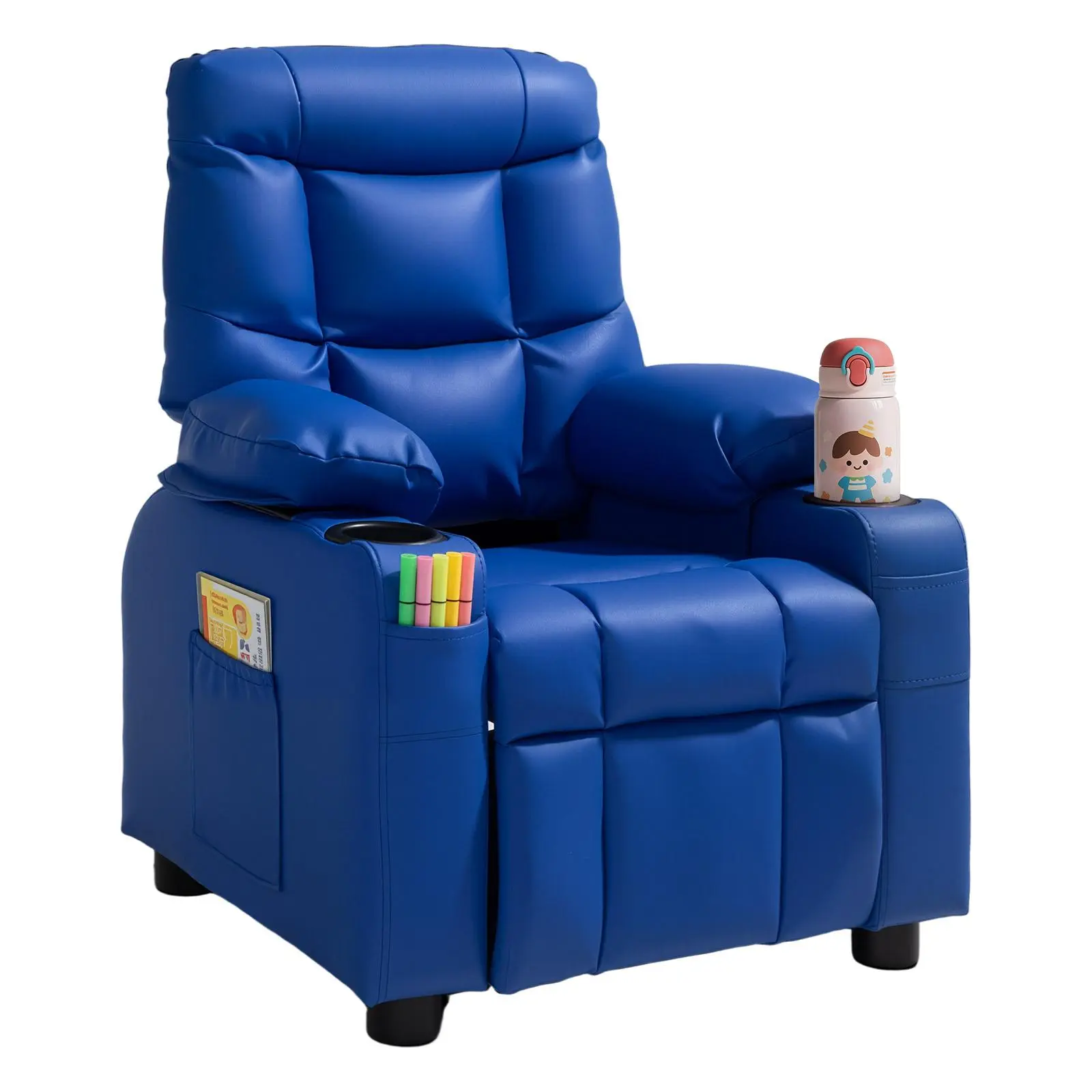【SummerFinds】VEVOR Kids Reclining Chair, Toddler Recliner with 2 Cup Holders and 4 Pockets, 107° to 126° Adjustable Back, Easy-to-Clean PU Leather Recliner Couch with Footrest, for Boys, Girls & Children (Blue)