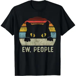 100% Cotton Ew People Retro Cat Funny Vintage Anti Social Introvert T-Shirt classic  rock  tee moon  rocks