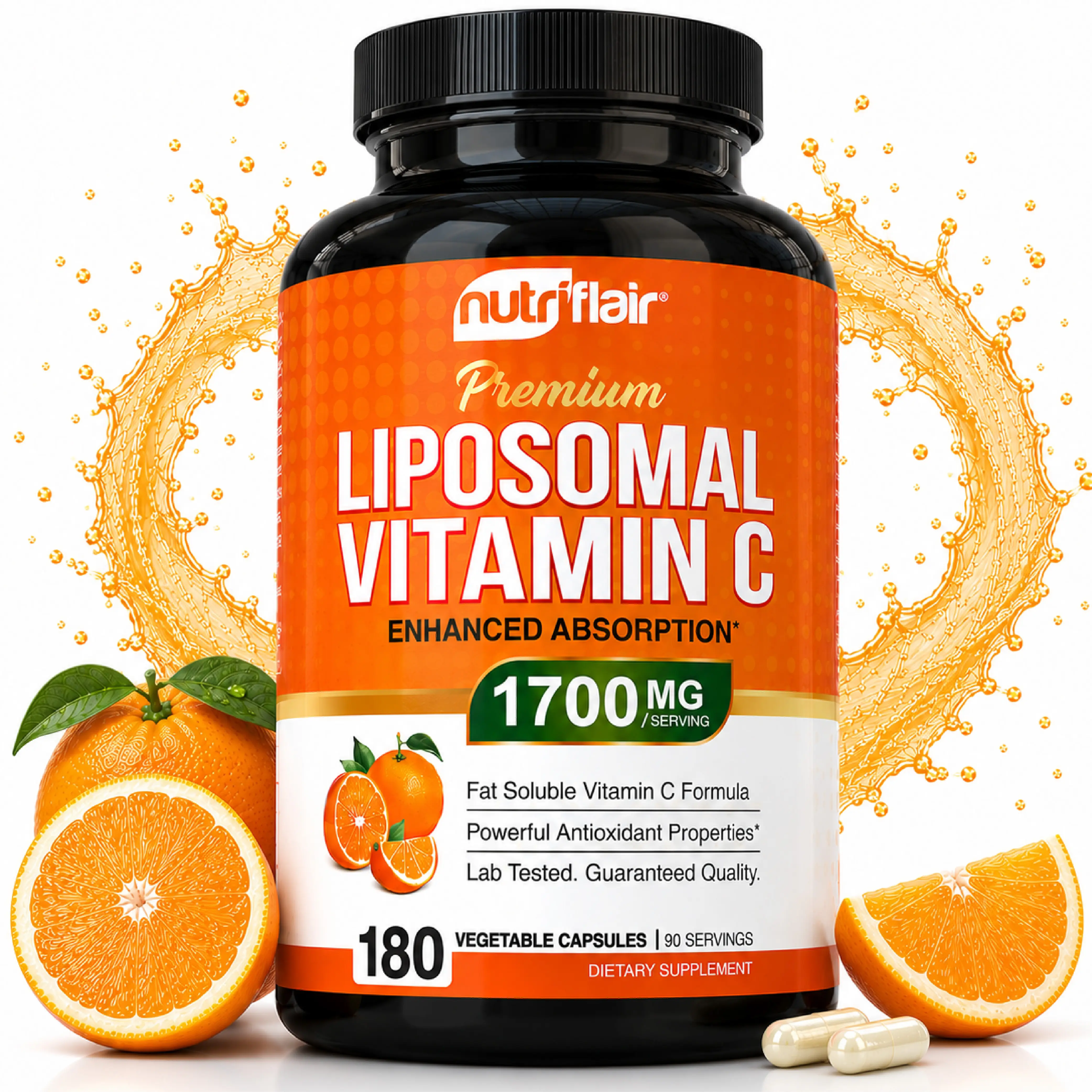 NutriFlair Liposomal Vitamin C 1700mg | High Absorption Multi-Form Fat-Soluble Vitamin C Capsules | Immune Support | Antioxidant | Vegan (180 Capsules)