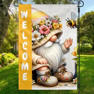 Charming Gnome & Bees Welcome Garden Flag - Double-Sided, Durable Polyester, Waterproof Outdoor Decor for Yard and Farmhouse, House Banner, Burlap