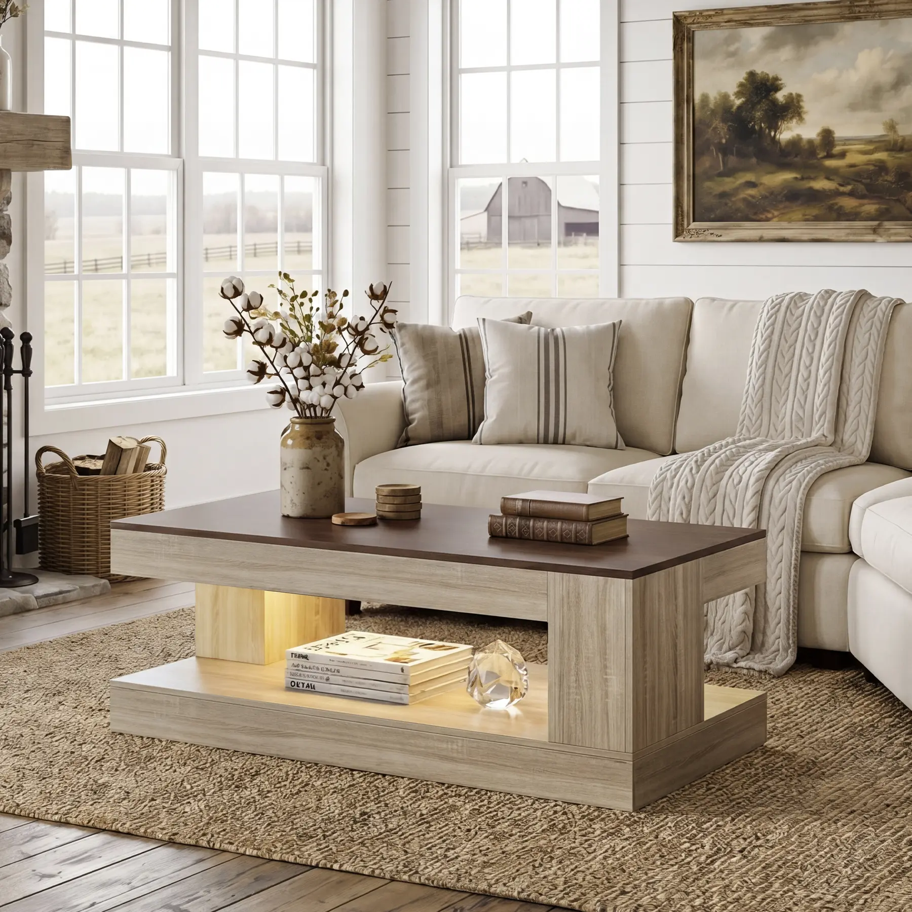 Farmhouse Coffee Table with APP Control, 2-Tier Wood Rustic Center Table with LED Light, 47” Rectangular Tea Tables for Living Room, Apartment, Office,Walnut &Light Ash White