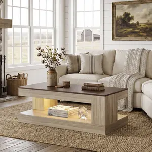 Farmhouse Coffee Table with APP Control, 2-Tier Wood Rustic Center Table with LED Light, 47” Rectangular Tea Tables for Living Room, Apartment, Office,Walnut &Light Ash White