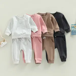 Baby Boys Girl Solid Color Outfit Sweatsuit Crewneck Sweatshirt Sweatpants Pants Set Fall Winter Clothes