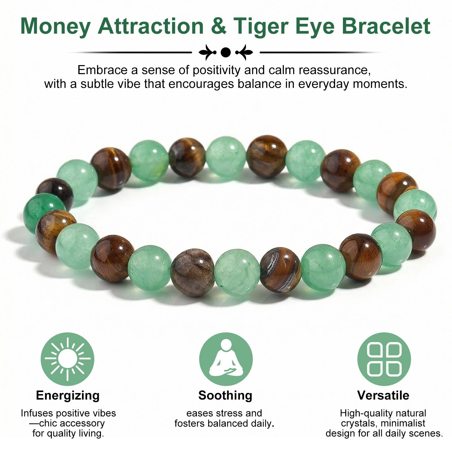 Money Attraction Crystal Bracelet – Green Aventurine, Tiger Eye & Obsidian, Protection & Luck Beaded Bracelet for Men & Women