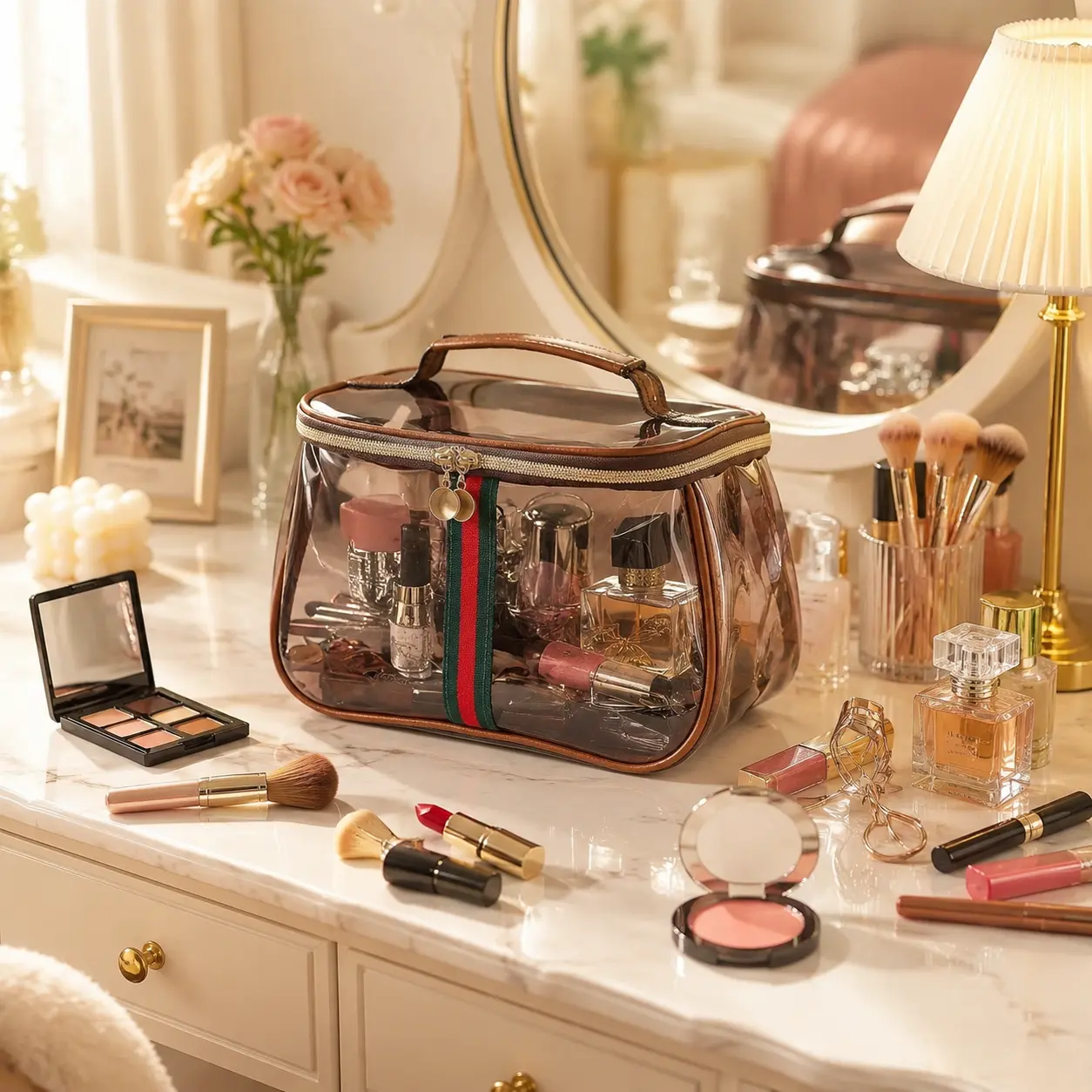 3-Piece Vintage Waterproof Transparent Makeup Bag - High-Capacity Retro Vanity Toiletry Bag with Wide Handheld Design for Easy Handling, Stylish Travel Cosmetic Storage Organizer for Women (Handheld Cosmetic Pouch Set)