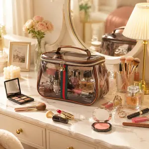 <3pcs sets>Vintage Waterproof Transparent Makeup Bag, Large Capacity Retro Vanity Toiletry Bag with Wide Handheld Design, Stylish Luxury Cosmetic Travel Storage Organizer Case for Women & Ladies