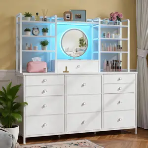 Raybee Dresser for Bedroom with 12 Drawers & LED Lights, Stylish Fabric Dresser Chest of Drawers with Open Shelves& Crystal Handles, Vanity Storage Organizer Unit, Multi-Functional Furniture, Metal Frame & Wooden Shelf for Entryway, Closet, Living Room