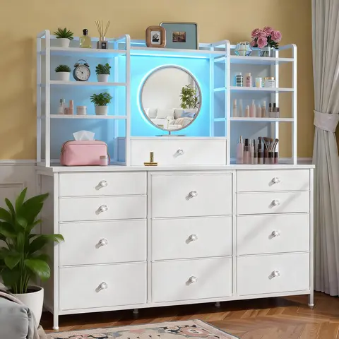 【No Mirror】Raybee Dresser for Bedroom with 12 Drawers & LED Lights, Stylish Fabric Dresser Chest of Drawers with Open Shelves& Crystal Handles, Vanity Storage Organizer Unit, Metal Frame & Wooden Shelf for Entryway, Closet, Living Room #Backtoschool