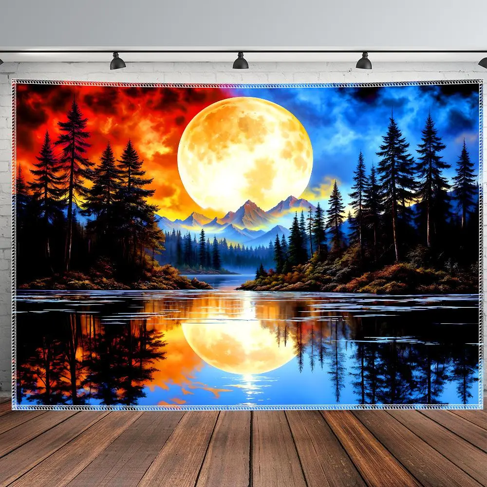 A Large-Sized Tapestry Featuring a Serene And Dreamy Landscape of a Moonlit Forest, Lake, And Mountains, Printed with Polyester Aesthetics. Perfect for Decorating Living Rooms, Bedrooms, Offices, And Family Rooms for Parties Gift Wall Hanging