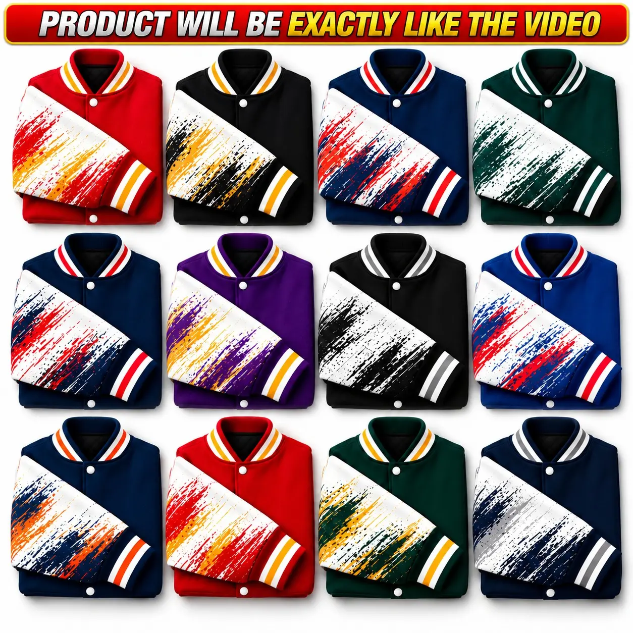 Unisex Varsity Jacket, All-Over Print Baseball Bomber Jacket, Colorblock Long Sleeve Snap Button Streetwear Outerwear, Casual Sport Style