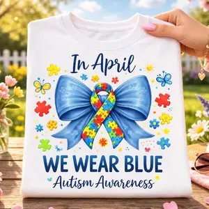 Autism Awareness Unisex T-Shirt In April We Wear Blue Unisex T-Shirt Puzzle Bow April Awareness Shirt