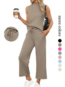New Aesthetic Minimalist Style Women's Two-Piece Home Set, Sleeveless Tank Top + Drawstring Adjustable Wide Leg Pants, Wearable at Home