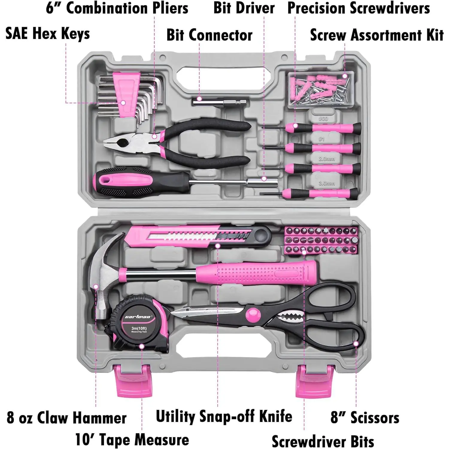 Pink Hand Tool Kit with Toolbox Case, All-in-1 Home Repair Hand Tools Set