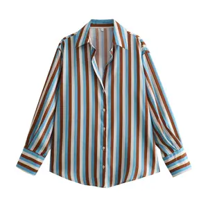 Multi-Colored Silk Texture Hanging Long Sleeved Shirt Top Casual Women's Interior Striped Blouse with Relaxed Fit and Stylish Design,Gift