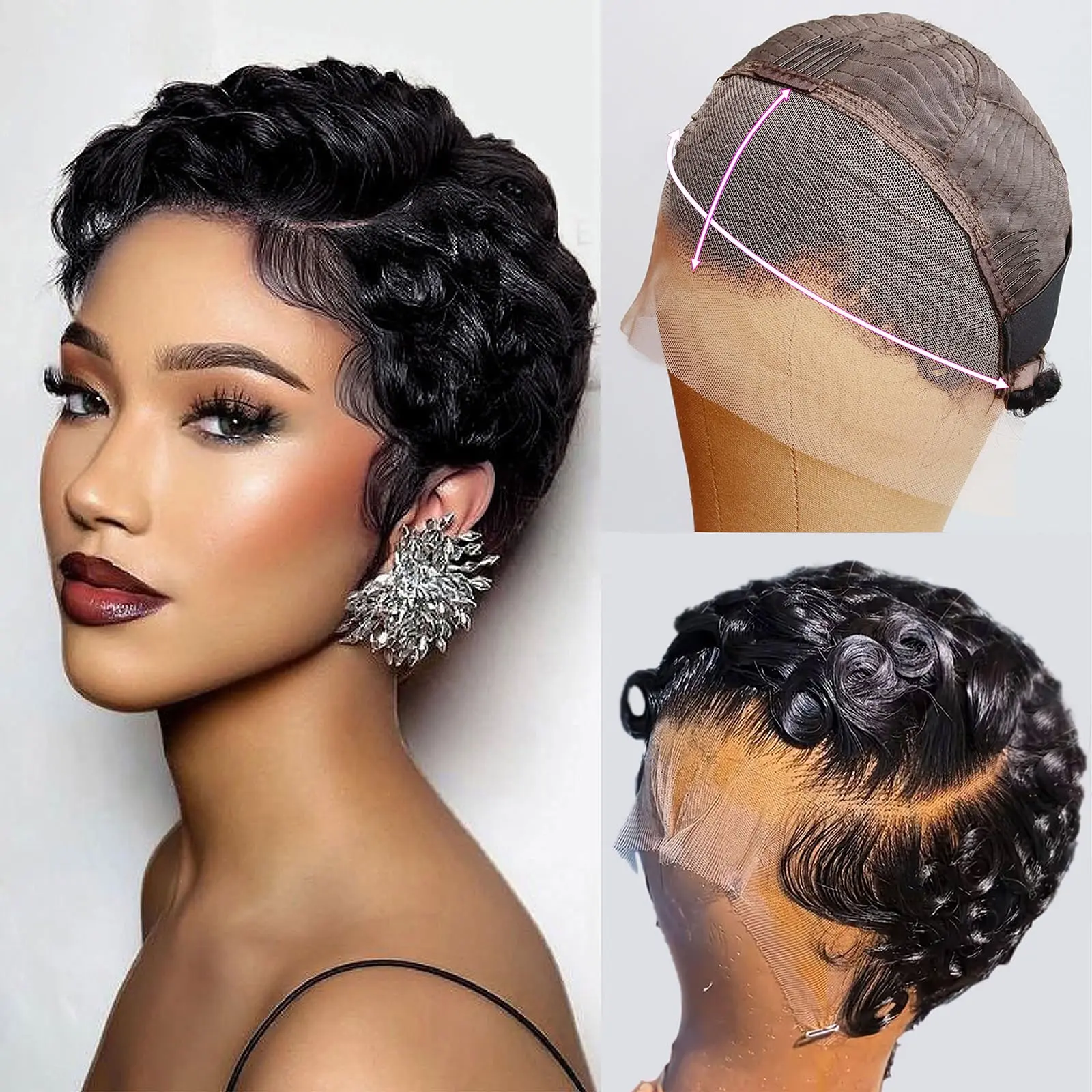 ShowReal Short Curly Pixie Cut 13x4 Lace Front Wig 100% Human Hair Wigs, Black 13x4 HD Lace Frontal Wigs Short Layered Curly Glueless Wig Pre Plucked Deep Wave Pixie Cut Human Hair Wigs for Women