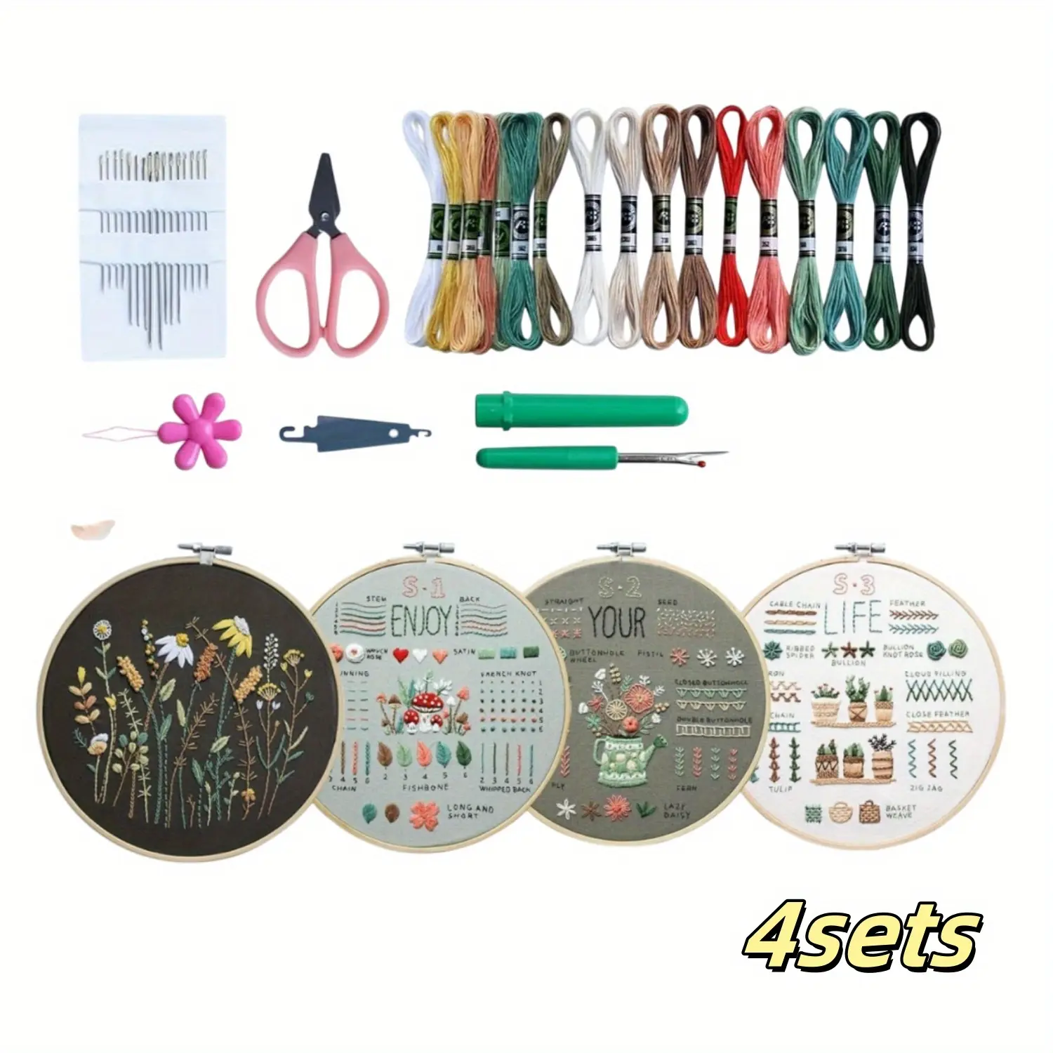 4 Sets Embroidery Kit for Beginners Adults,Easy Leaning Basic Embroidery Cross Stitch Practice Kits for Adults,Includes Embroidery Patterns,Hoop,Color Threads,DIY Hand Tools Kits