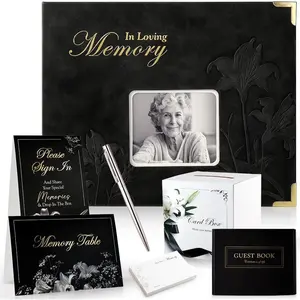 Embossed Funeral Guest Book for Memorial Service, Celebration of Life Guest Book Set for Funeral Sign in with 8X10in,50 Memory Cards,2 Table Signs, a Card Box, and a Silver Pen