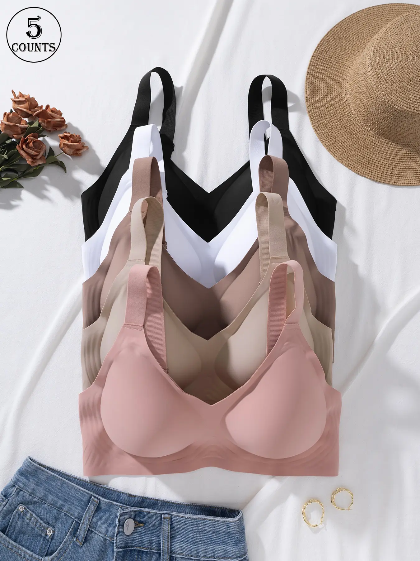 3/4/5 Pack set V-neck plus-size seamless jelly women's bra with hook-and-eye adjustable straps 0XL-4XL, lift and gather, wireless, sports-style beautiful back, daily casual commute, comfortable and skin-friendly, seamless V-neck plus-size underwear