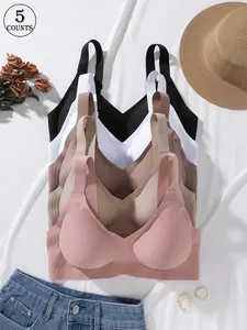 5 Pack set V-neck plus-size seamless jelly women's bra, Push Up Bralettes, with hook-and-eye adjustable straps 0XL-4XL, lift and gather, wireless, sports-style beautiful back, daily casual commute, comfortable and skin-friendly