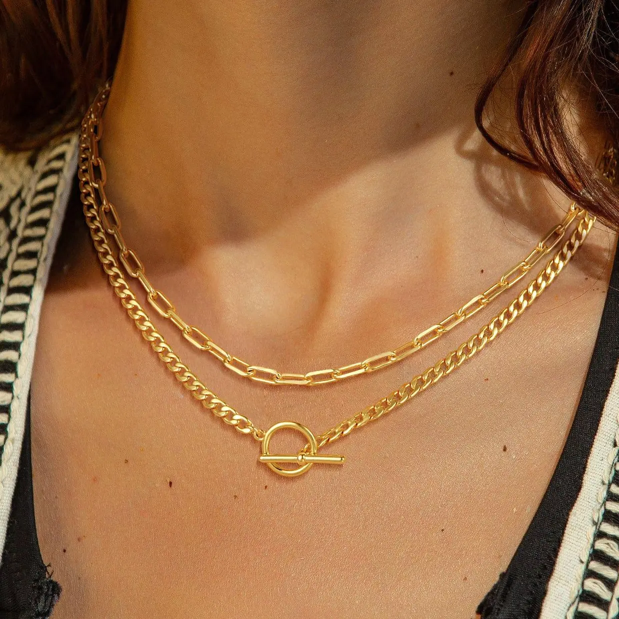 FREEKISS 2-Layered Necklaces for Women, Dainty Gold Chain Necklace Women Trendy Cuban Link Paperclip Chain Toggle Clasp Necklace Fashion Chunky Jewelry for Women Daily Wear For Valentine's Day gifts summerwins