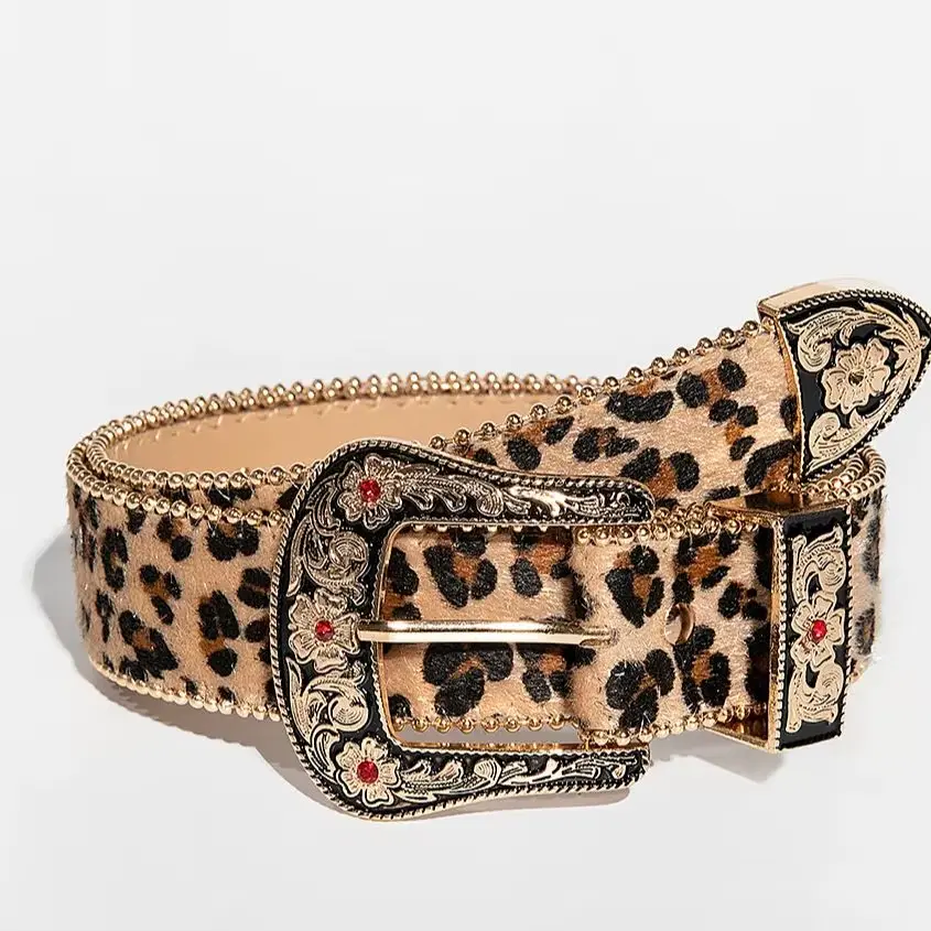 Leopard Print Studded Belt – Cheetah Western Rhinestone Statement Belt