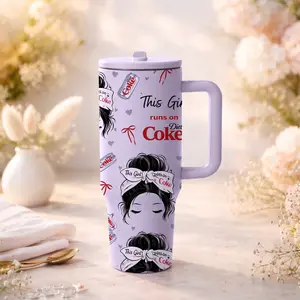 mikenda 40oz Tumbler This Girl Runs on Vibes and Soda, Super Cute Aesthetic Cup with Handle and Straw, Drinkware, Leak Proof Flask, Insulated Water Bottles, Big Capacity for All Day Hydration, Perfect Funny Gift for Besties.