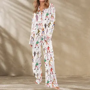 Ski Pajama Set for Women - Fun Long Sleeve Top & Matching Pants Featuring Colorful Skiing Designs for Cozy Comfort
