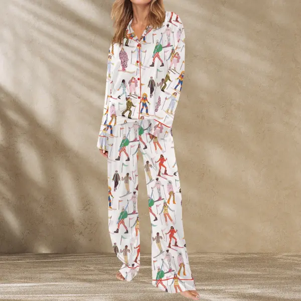 Ski Pajama Set for Women - Fun Long Sleeve Top & Matching Pants Featuring Colorful Skiing Designs for Cozy Comfort
