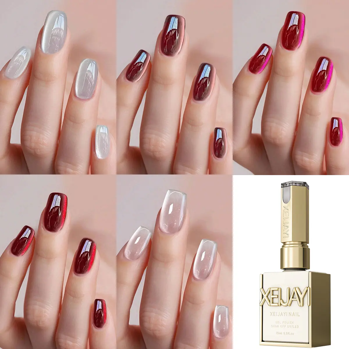 XEIJAYI 5PCS 15ml TPO & HEMA-Free Red Ruby Cat Eye Nail Polish Set, 5-Color Magnetic Effect with Porcelain White Glass Bead Shimmer, Super-Bright Glossy Finish, Soak-Off LED Formula for DIY Manicure, Gel Nails at Home & Salon Use