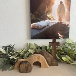 He is Risen Easter Nativity - Decorative Wooden Structure with Cross and Sculpted Features for Religious Display
