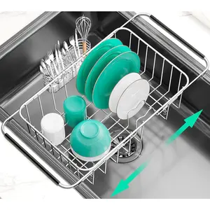 Dish Drainer Rack in Sink Adjustable, Expandable 304 Stainless Steel Metal Dish Drying Rack Organizer with Stainless Steel Utensil Holder Over Inside Sink Counter, Rustproof