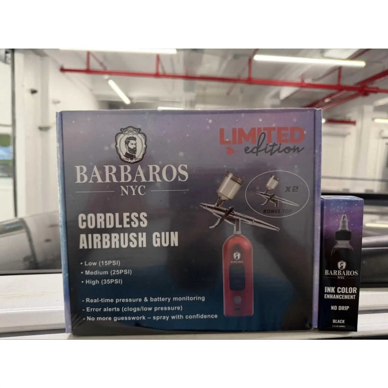 Barbaros NYC Limited Edition Cordless Airbrush Gun with 15PSI, 25PSI, 35PSI Settings, Real-time Pressure & Battery Monitoring, No Drip Ink Color Enhancement