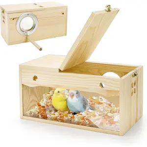Visual Parakeet Nesting Box, Premium Pine Bird Nest Box with Perch, Transparent Acrylic Bird Cage House Wooden Breeding Box for Budgie, Finch, Lovebirds, Cockatiel, Parrot, 9.8*4.9*5 Inches