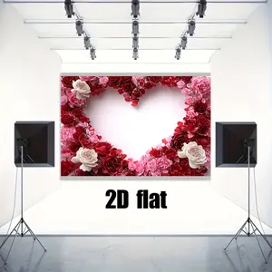 2D Flat Banner, 1pc Banner Featuring a Heart-Shaped Flower Arch Adorned with Red And Pink Roses, Designed for Valentine'S Day. This Lightweight Backdrop Includes White And Pink Balloon Effects And Requires No Elec