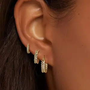 Three Pairs 14K Gold-Plated Hoop Earrings Gold Plated Earring Set Rhinestone Cubic Zirconia Hoop Earrings Chunky Small Gold-Plated Hoops Huggie Earring for Women Gold Jewelry for Woman
