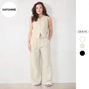 KatchMe Women's Casual V Neck Button Sleeveless Tank & Wide Leg Trousers Co-ord, Solid Color Basic Co-ord Set for Lady, Minimalist Two Piece Outfits