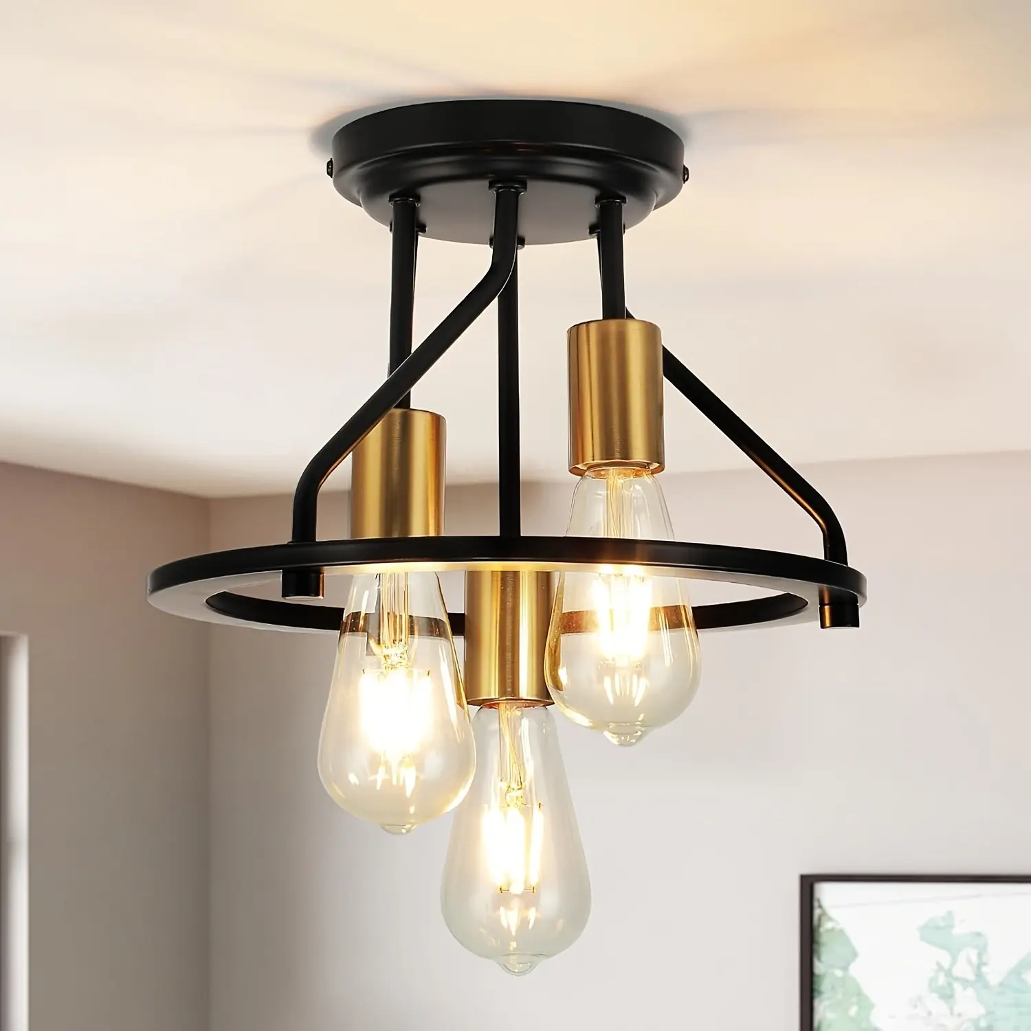 Half-Recessed Ceiling Light 3-Light Fixture, Hallway Farmhouse Industrial Kitchen Lamp, Entryway E26 Socket Ceiling Light, Indoor Lighting