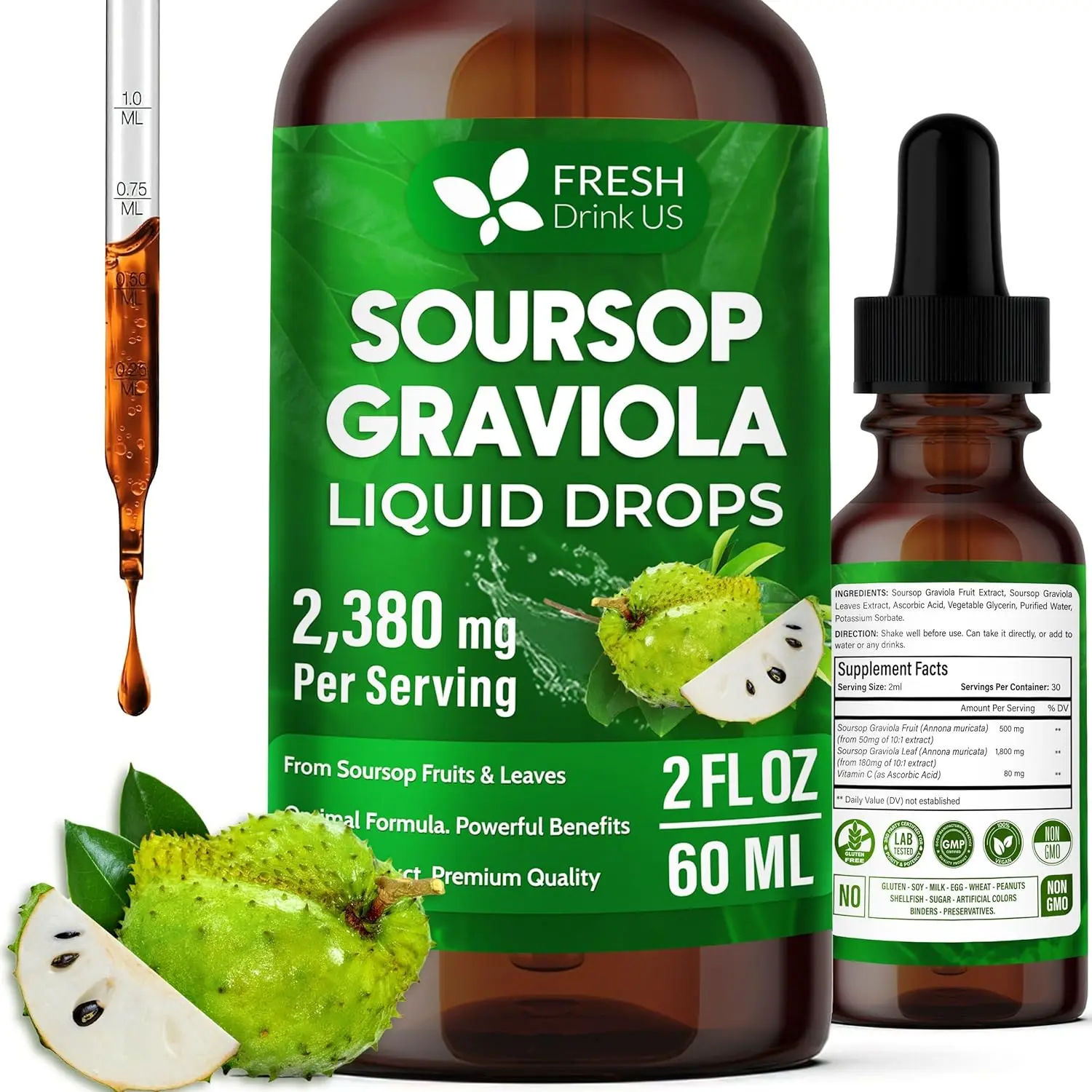 【FreshDrinkUS】 Premium 2 fl oz Soursop Graviola Extract Liquid, 60ml Soursop Extract Liquid, 30 Days Supply – 100% from Natural Soursop Leaves and Fruit Extract, Vegan, Non-GMO, Gluten-Free (2 fl oz)