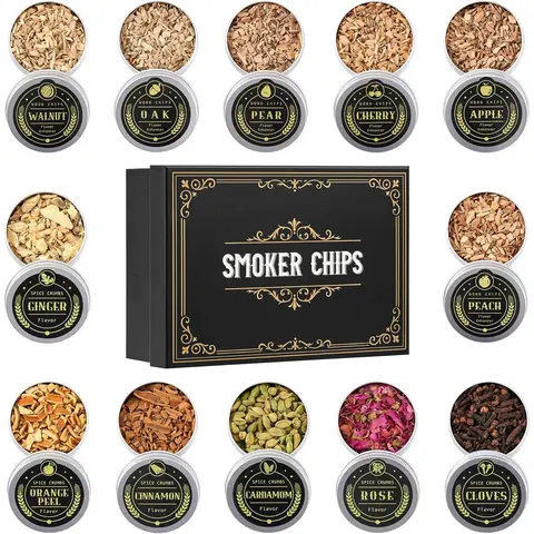 Natural Whiskey Smoker Wood Chips Bar Set - 12 Ash-Free 1oz Flavors (Cinnamon,Cherry,Rose,Cloves,Walnut,Cardamom,Peach,Oak,Orange Peel Spices+3) with Simple Scoop, Torch-Ignite Fast Infusion Utensils, Ignite-Infuse-Enjoy for Cocktails, Smoke Gun Gift