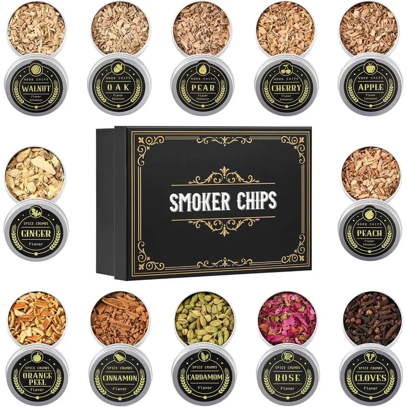 Natural Whiskey Smoker Wood Chips Bar Set - 12 Ash-Free 1oz Flavors (Cinnamon,Cherry,Rose,Cloves,Walnut,Cardamom,Peach,Oak,Orange Peel Spices+3) with Simple Scoop, Torch-Ignite Fast Infusion Utensils, Ignite-Infuse-Enjoy for Cocktails, Smoke Gun Gift
