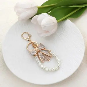 Sparkling Rhinestone Bow & Imitation Pearl Keychain Set, Bag Charm Purse Accessories for Women