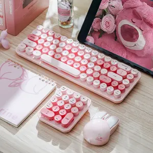 MOFii 1 Set Pink Rabbit Wireless Keyboard and Mouse Combo, Cute Round Keycaps for Girls Office Use, Universal for Desktop/ Laptop, US Qwerty (Batteries Not Included)