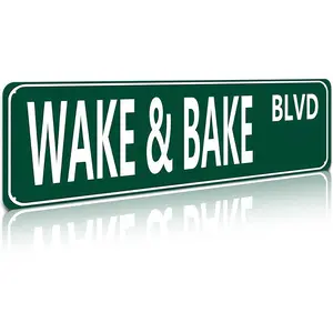 Wake & Bake Blvd Metal Tin Sign - Funny Vintage Weed Marijuana Wall Art Decor, 16x4 Inch Slim Street Sign for Home Bar Cafe Garage Indoor/Outdoor, Humorous Gift for Mother'S Day Father'S Day Graduation 4th of July, Vintage Metal Tin Sign