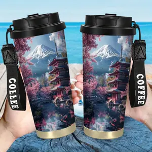 1 Japanese Garden and Cherry Blossom Stainless Steel Insulated Mug with Lid - 18 oz Leak-Proof Reusable Travel Mug, Coffee Cup, Suitable for Tea/Coffee, Gift for Japanese Enthusiasts, Office, Picnic, Outdoor