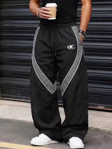 Men's Fashion Letter Print Pants, Taslon Fabric, Colorblock Stripes, Casual Sport Long Pants, Ideal for Daily Wear, Outdoor Hiking