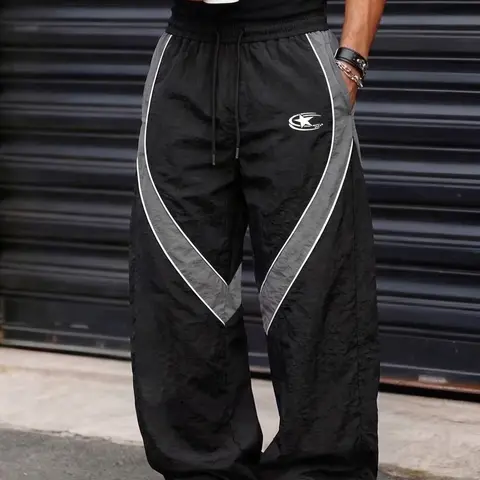 Men's Fashion Letter Print Pants, Taslon Fabric, Colorblock Stripes, Casual Sport Long Pants, Ideal for Daily Wear, Outdoor Hiking, Colorblock Track Pant