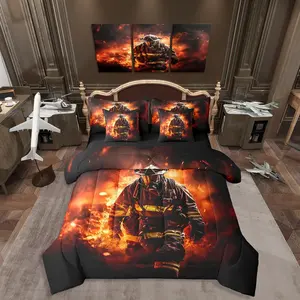 Firefighter Comforter Set Bed in a Bag 7 Pieces,Fire Fighting Flames Bedding Set, (Comforter+Fitted+Flat Sheet+2 Pillowcases+2 Throw Pillow Covers)